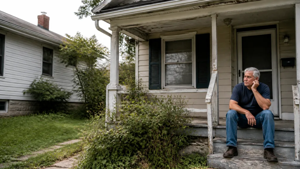 A man sitting on the steps of a run-down house with peeling paint and an overgrown yard.
