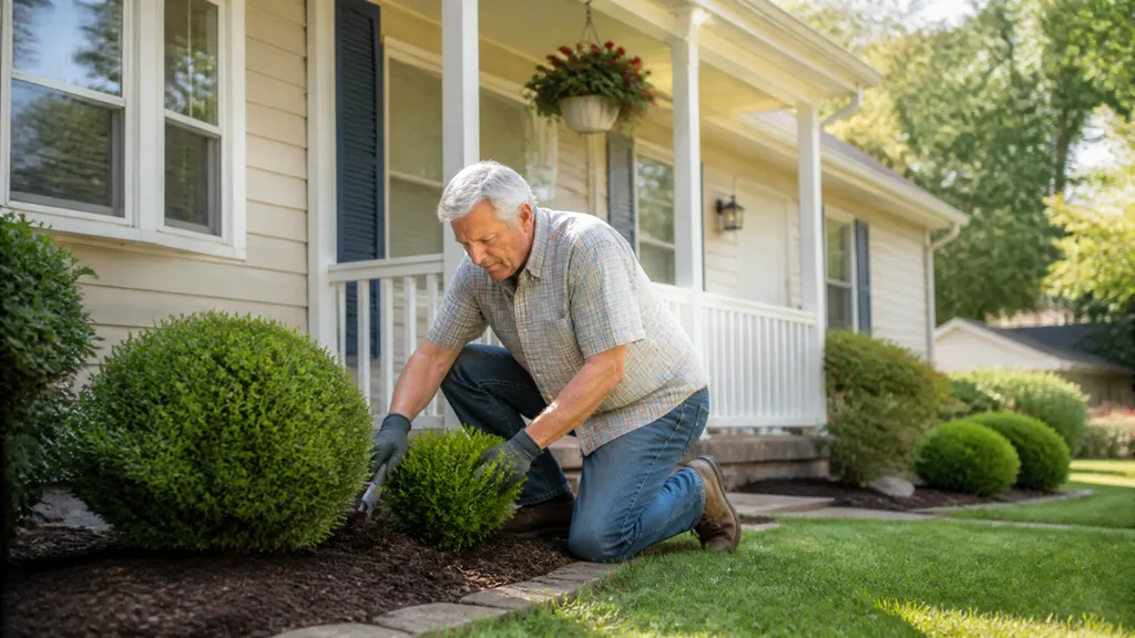 A man kneeling in gloves to trim the shrubs along the front of a house.