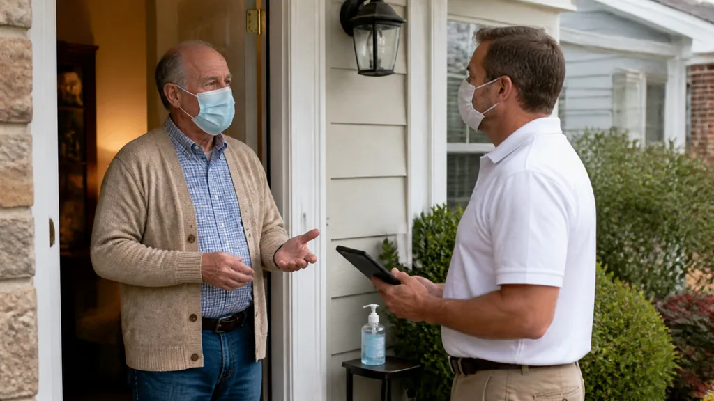 Two men in face masks talking at a front door, hand sanitiser on the table between.