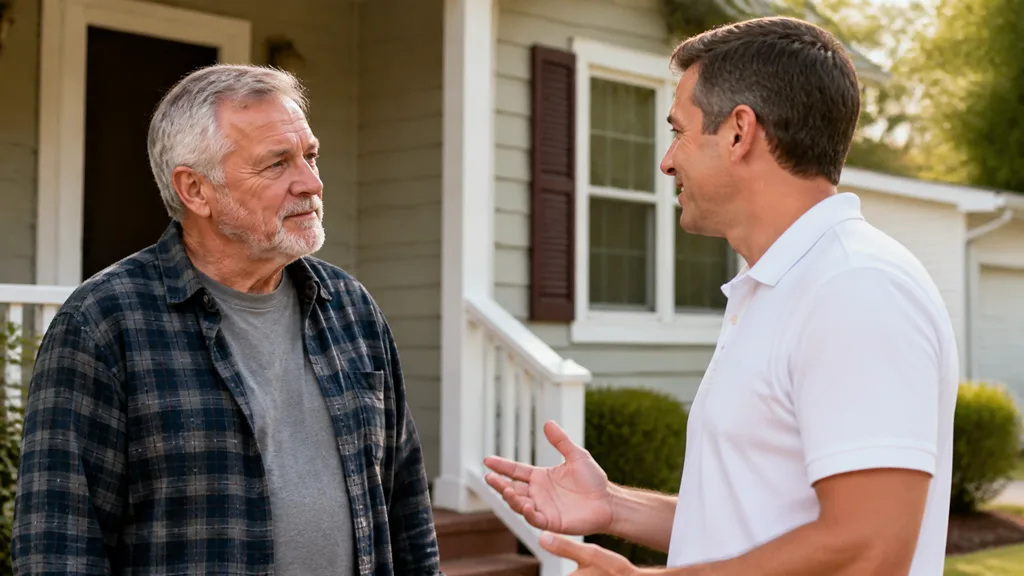 Two men talking on a front lawn, one gesturing towards the porch of a white house.