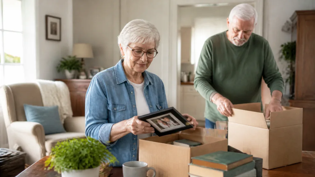 An older couple packing framed photos and books into boxes in their living room.