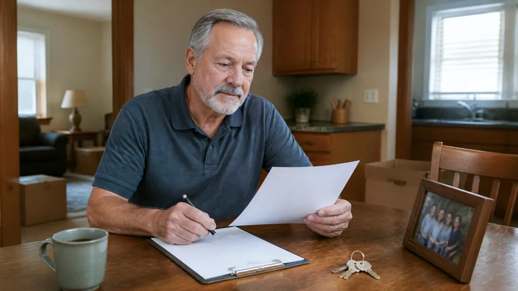 A man signing a document on a clipboard at a table, packing boxes behind him.