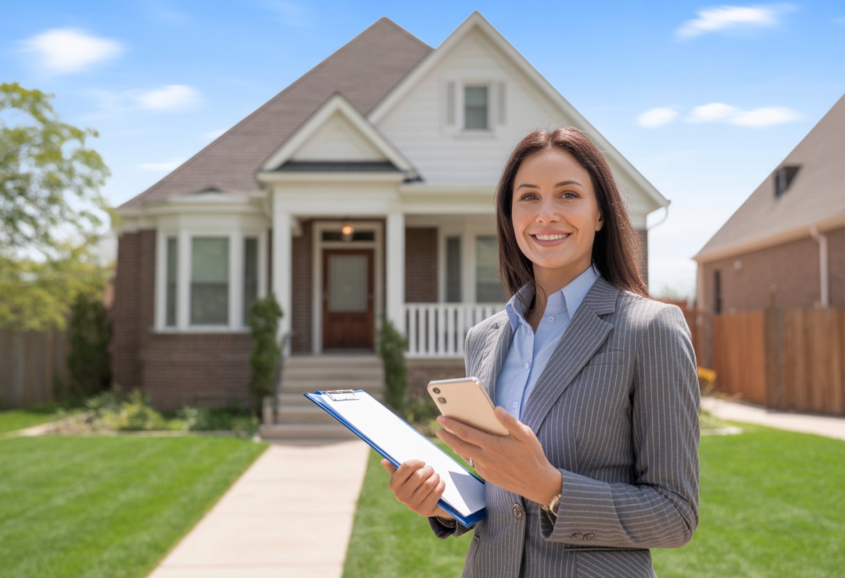 A real estate agent standing outside a suburban house with a clipboard and smartphone, smiling on a sunny day.