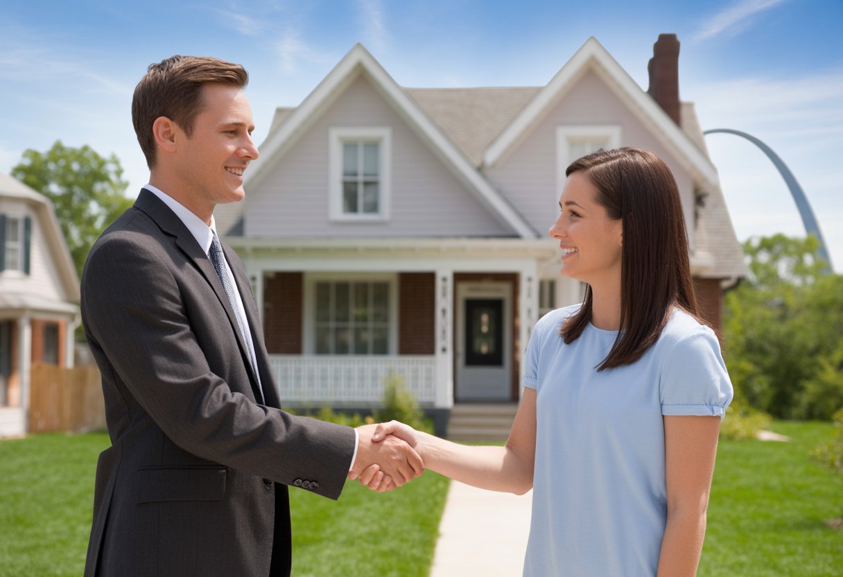 A real estate agent shaking hands with a homeowner in front of a house with the St. Louis Gateway Arch visible in the background.