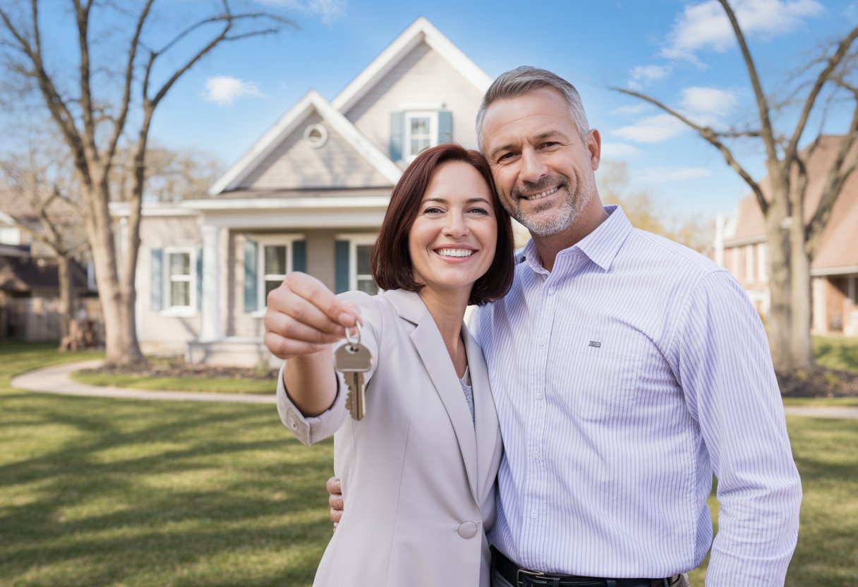 A middle-aged couple smiling and holding house keys outside a suburban house on a sunny day.