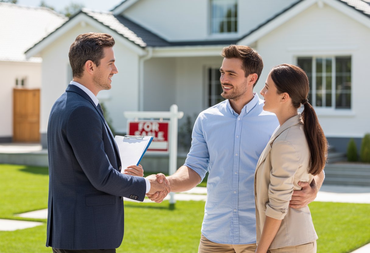 A real estate agent shaking hands with a couple in front of a house with a for sale sign.