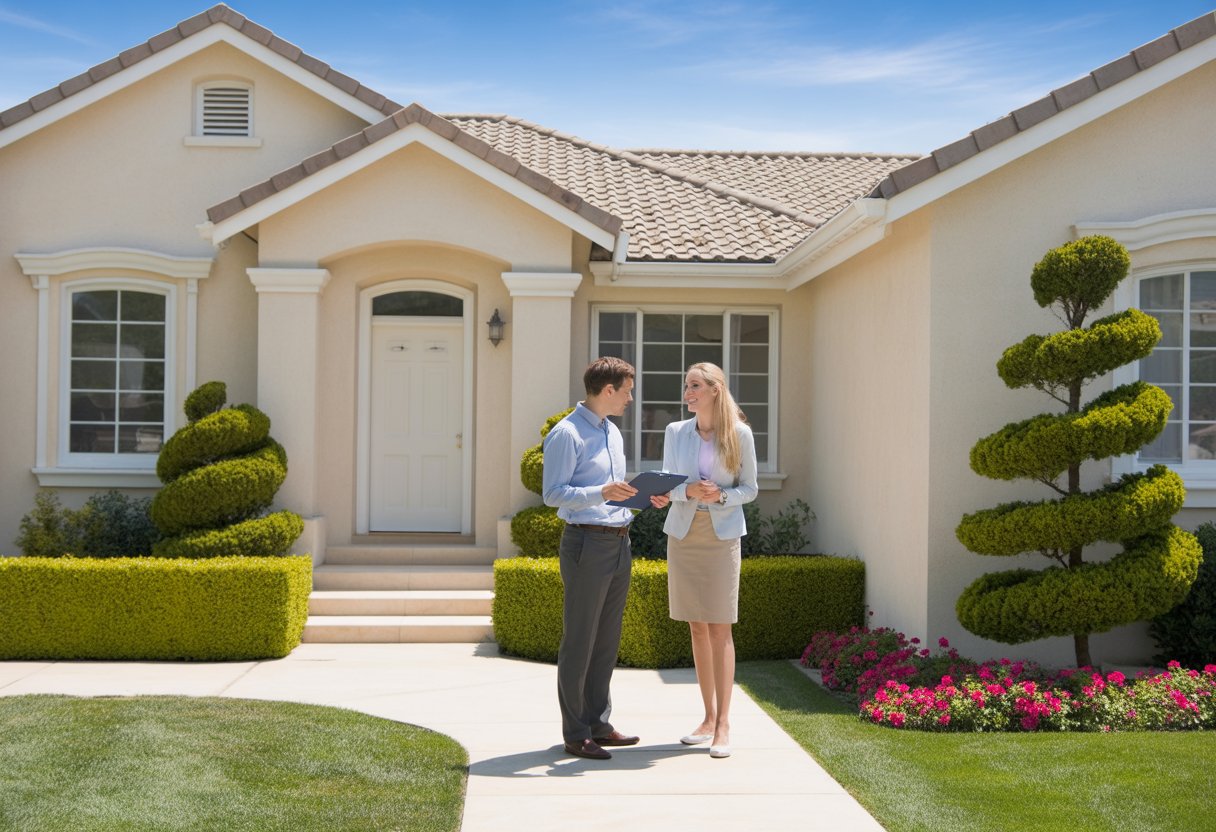 A real estate agent and homeowner standing outside a clean, well-kept house rental property with a 'For Sale' sign in the yard.