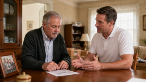 Two men reviewing a single page at a dining table, family photographs in the background.