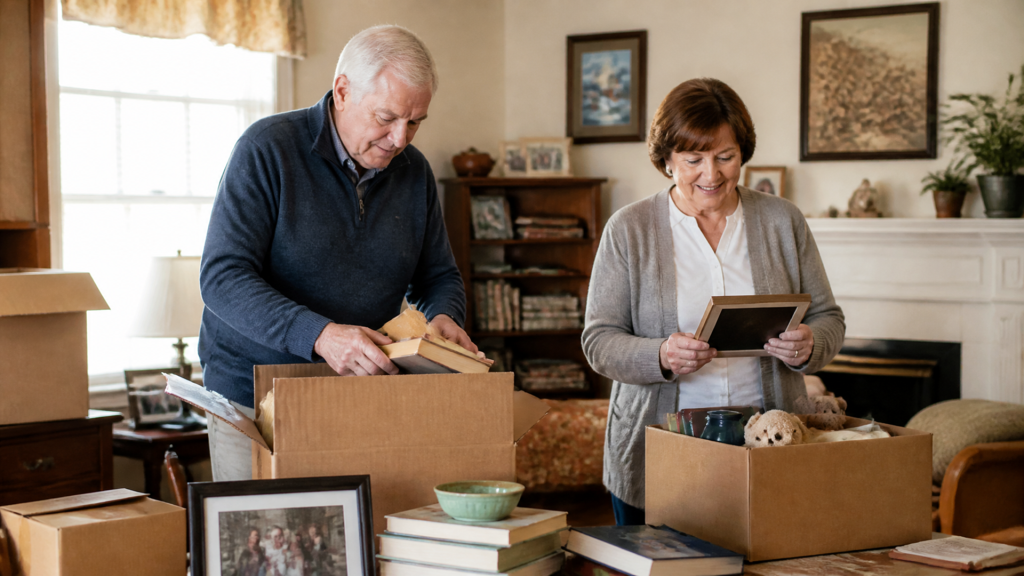 An older couple sorting framed pictures and books into moving boxes in their living room.