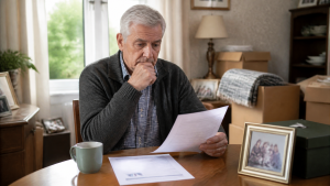 A man reading a document at a table with packing boxes and a family photo behind him.