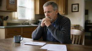 A man sitting alone at a kitchen table, hands clasped, a notice letter in front of him.
