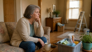 A woman sitting on a sofa beside cleaning supplies and a stepladder, looking away.