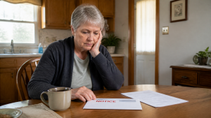 A woman at a kitchen table with a notice envelope and loose papers, looking down.