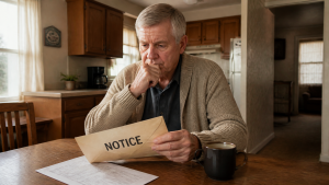 A man holding an envelope marked NOTICE at his kitchen table, hand to his mouth.