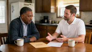 Two men at a kitchen table with a notice folder open between them and coffee mugs.