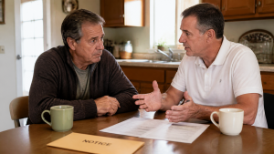 Two men leaning in over paperwork and a notice folder at a sunlit kitchen table.