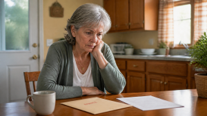 A woman sitting at a kitchen table with a notice envelope and papers, arms folded in.