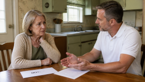 A man gesturing across a kitchen table to a woman who is listening, hand at her neck.