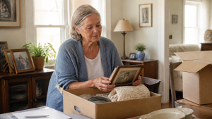 A woman lifting a framed photo out of a packing box in a room full of belongings.