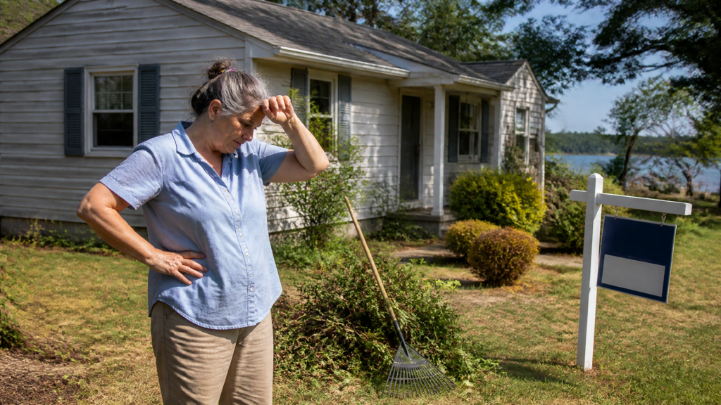A woman wiping her brow beside raked branches, a for sale sign in the yard behind.