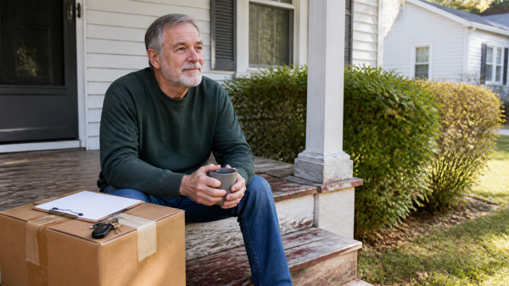 A man sitting on his front steps with a mug, a packing box and clipboard beside him.